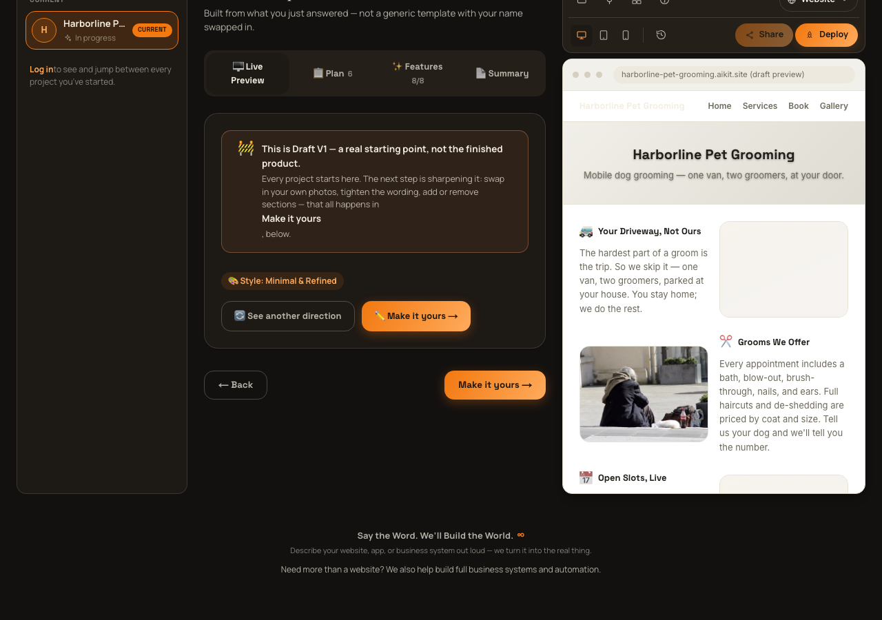 The full toolbar above a real generated site's live mockup, with Share and Deploy buttons on the right.